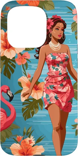 Vista 14 de iPhone 12 Pro Max Vintage Tiki Design - Funda hawaiana retro de flores hula y flamencos