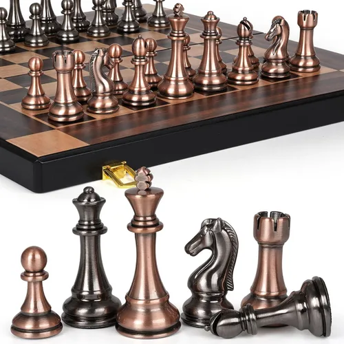 Vista 8 de Juego de ajedrez de metal grande de 15 pulgadas para adultos y niños con piezas de ajedrez de metal, tablero de madera plegable con almacenamiento