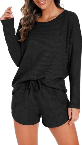 Vista 4 de PrinStory Conjunto de pijama para mujer, conjunto de 2 piezas de punto gofre, conjunto de ropa de descanso con bolsillos