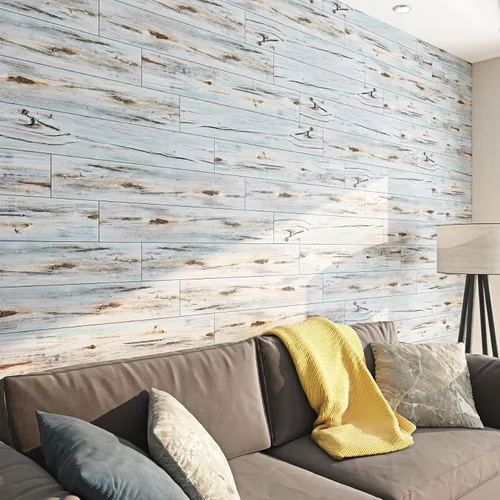 Vista 7 de FunStick Azulejos de madera recuperada de 6 x 36 pulgadas, impermeables, para despegar y pegar, tablones de madera para paredes, suelo de tablones
