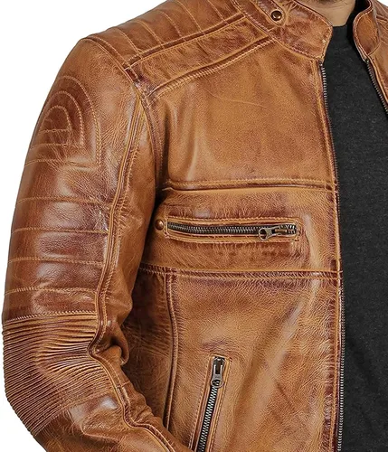Vista 4 de Blingsoul Leather Jacket Men - Distressed Cafe Racer Leather Motorcycle Jacket Men