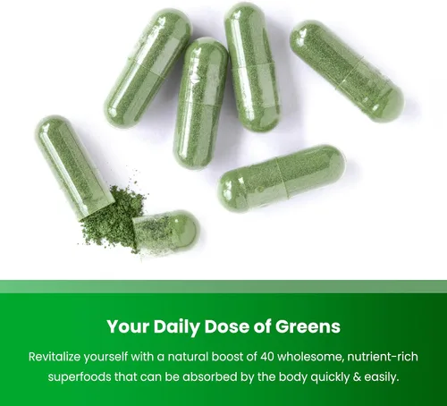 Vista 4 de Cápsulas orgánicas Super Greens – Suplemento diario de frutas y verduras – 150 pastillas de superalimentos verdes y rojos – más de 40 frutas