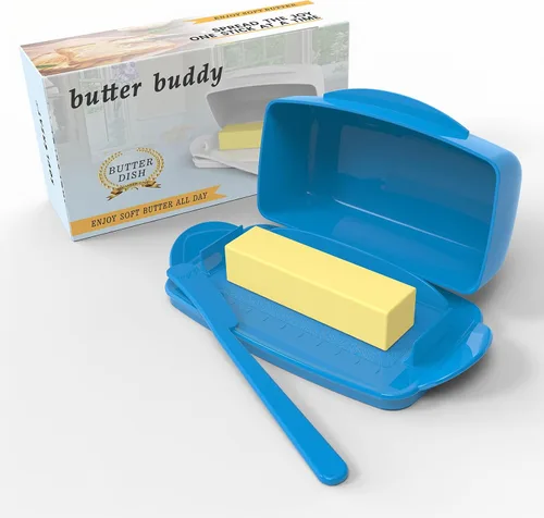 Vista 12 de Mantequilleras con tapa para encimera y refrigerador, plato de mantequilla de plástico transparente con tapa abatible y esparcidor, recipiente