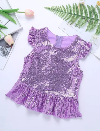 Vista 5 de TiaoBug Camisetas de fiesta para niñas, disfraz de sirena, con volantes, adornado con lentejuelas, chaleco brillante para Halloween, carnaval