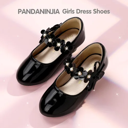 Vista 7 de PANDANINJIA Zapatos de vestir para niñas, zapatos de tacón Mary Jane con flores, fiesta de boda, regreso a la escuela, zapatos de tacón para niños