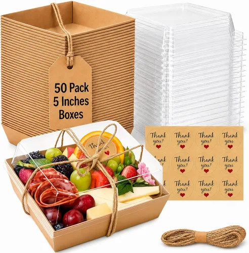 Vista 10 de Leafiew Paquete de 50 Cajas Pequeñas de Charcutería con Tapas Transparentes - Caja Mini de Charcutería de Papel Para Llevar, Envases Desechables