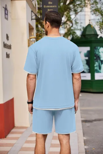 Vista 78 de COOFANDY Conjunto de camisa y pantalones cortos de gofre para hombre, conjunto de 2 piezas, conjunto casual de verano con bolsillos