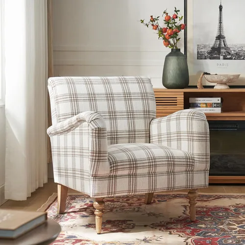 Vista 9 de HULALA HOME Silla decorativa moderna con brazos y patas de madera, cómodo sillón tapizado para dormitorio, sala de estar (patrón a cuadros, negro)