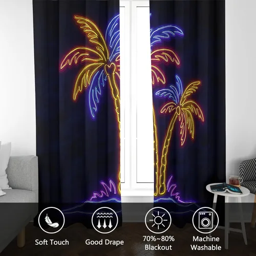 Vista 7 de Neon Palm Tree Curtains for Living Room, Synthwave Aesthetic Blackout Curtains for Bedroom, Grommet Drapes 39 Inch Length 2 Panels Set, Neon Palm