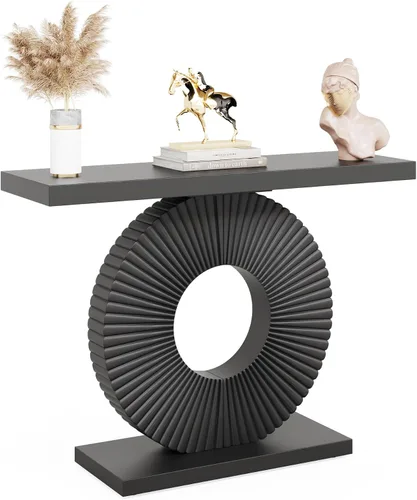 Vista 8 de Tribesigns Mesa consola moderna con base geométrica, mesa de entrada de madera de 40 pulgadas, mesa de sofá estrecha y larga, mesa decorativa