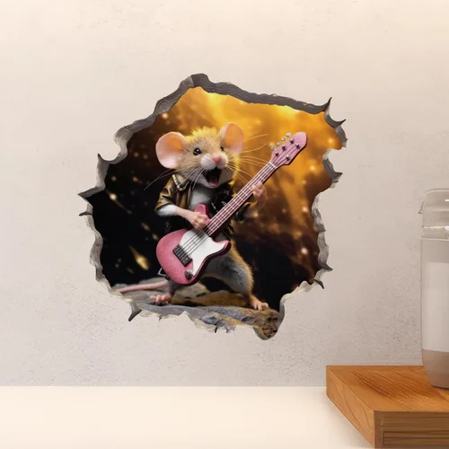 Vista 4 de Rock and Roll Mouse in Mouse Hole - Calcomanía de pared 3D con agujero de ratón