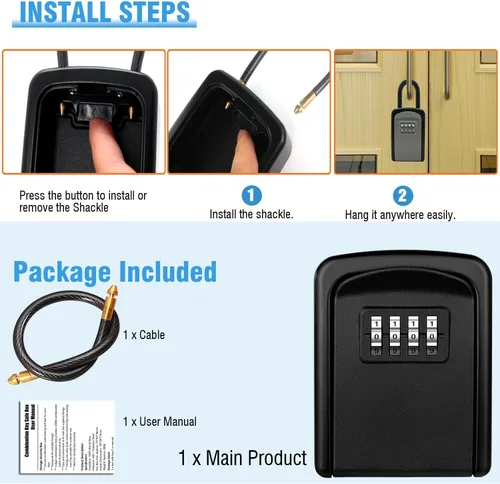 Vista 6 de Caja de cerradura de llave con combinación de 4 dígitos, caja fuerte portátil con cable extraíble, caja de almacenamiento de llaves impermeable