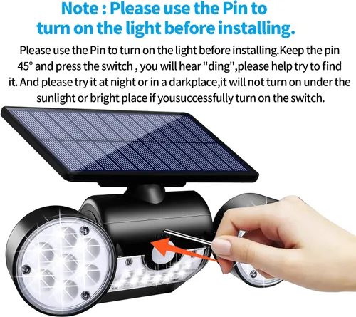Vista 4 de Luces solares para exteriores, con sensor de movimiento, luces solares de pared con focos de doble cabeza, 30 LED, impermeables, 360°, luces