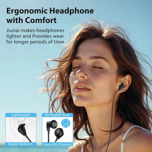 Vista 4 de Jiunai 3.5mm Wired Earbuds with Mic, Half in-Ear Corded Headphones Black
