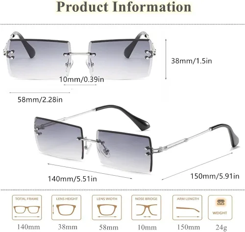 Vista 6 de BAWUYI Gafas de sol rectangulares sin montura de los años 90 años 2000 para mujeres y hombres accesorios Y2K vintage retro sin marco gafas cuadradas