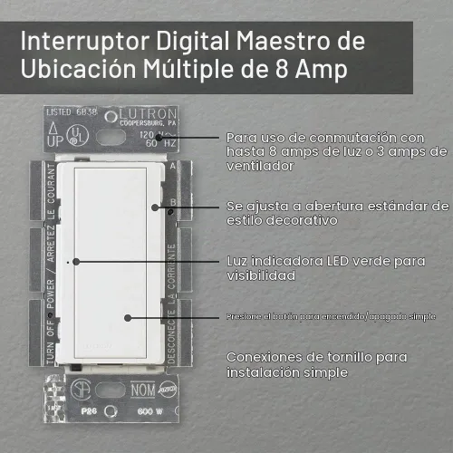 Vista 4 de Lutron Maestro MA-S8AM-WH, interruptor digital, 8 A, un solo polo/ubicación múltiple, color blanco