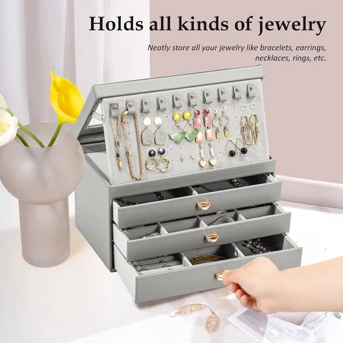 Vista 7 de ProCase Joyero para mujeres y niñas, caja organizadora de joyas grande de 4 capas con tapa de cristal, regalo de San Valentín, organizador de joyas