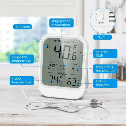 Vista 3 de AMIR Termómetro digital para nevera con sonda, pantalla LCD, registros máximos y mínimos, alarma, termómetro digital con sensor externo, imán
