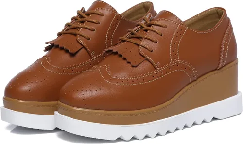 Vista 5 de Zapatos Dadawen, oxford, con cuña y plataforma, con agujetas, borlas y puntera cuadrada, a la moda, para mujer