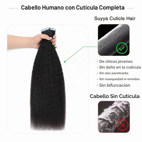 Vista 5 de SUYYA Extensiones de Cabello Humano Rizado Liso con Cinta, Color Negro Natural, Extensiones de Cabello con Cinta, Cabello Humano Rizado Liso, 12