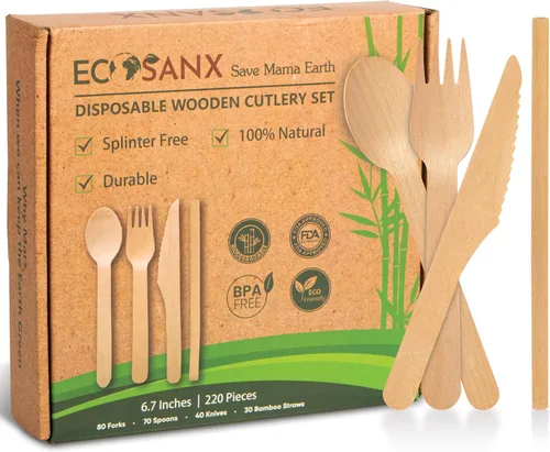 Vista 9 de ECOSANX® 120 piezas de tenedores de madera para comer de 16.5 cm libres de astillas, compostables, juego de cubiertos de madera ecológico