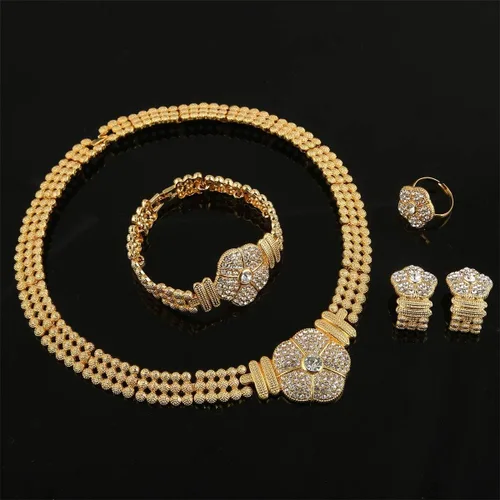 Vista 4 de Juego de joyas de collar con colgante chapado en oro de 24 quilates para mujeres africanas de Dubai, fiesta de boda, joyería de flores, Latón