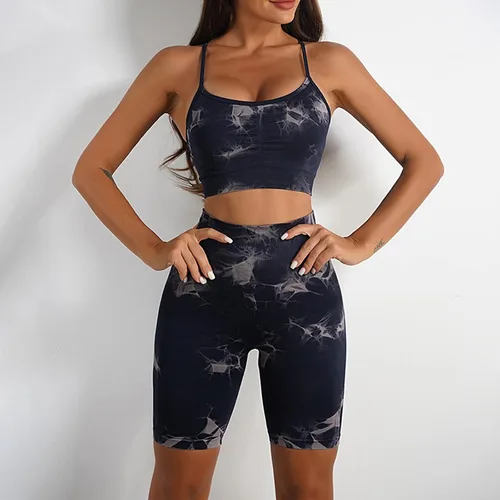 Vista 3 de Women's Seamless Knitted Tie Dye Yoga Fitness Sports High Waist Stretch Tight Shorts Suit Long Yoga Pants for