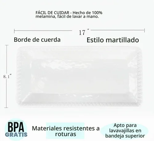 Vista 2 de KX-WARE Juego de 2 bandejas de melamina de 17 pulgadas, color blanco y rectangular, 100% melamina, aptas para lavavajillas, sin BPA