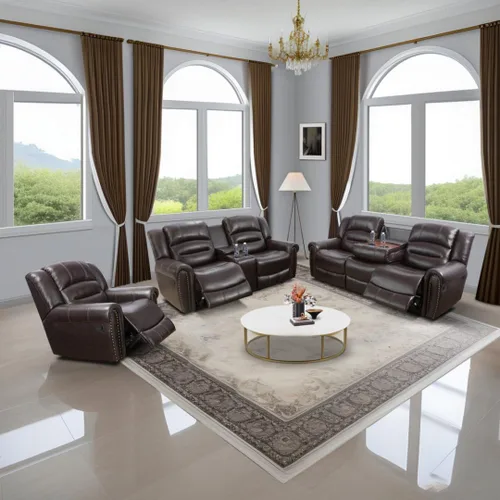 Vista 9 de Juego de sofá reclinable de cuero, juego de sofá manual de cuero regenerado para sala de estar, juego de muebles de sala con consola de Negro