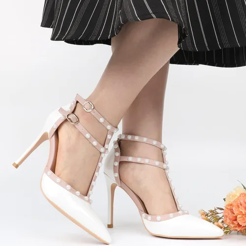 Vista 6 de Tacones con correa de tobillo para mujer, remaches redondos dorados, correa en T, sandalias de boda