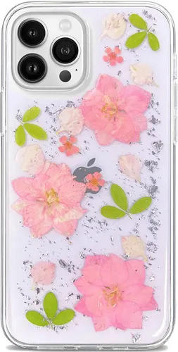 Vista 16 de Abbery Funda diseñada para iPhone 13 Pro con diseño de flores prensadas con purpurina y diseño de goma de silicona suave, diseño de flores reales