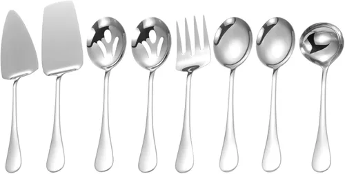 Vista 9 de Utensilios negros para servir, juego de 8 utensilios de acero inoxidable para servir, incluye cucharas de servir, tenedor de servir, cucharón