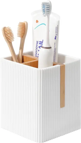 Vista 10 de Portacepillos de dientes para baño, soporte eléctrico de bambú para cepillos de dientes, color negro