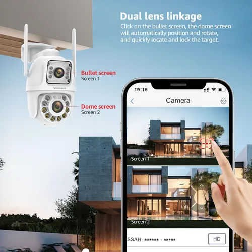 Vista 3 de BOAVISION Paquete de 2 cámaras de seguridad WiFi 2.4G/5G para exteriores, PTZ inalámbrica de lente dual, vista de 360°, seguimiento humano con IA