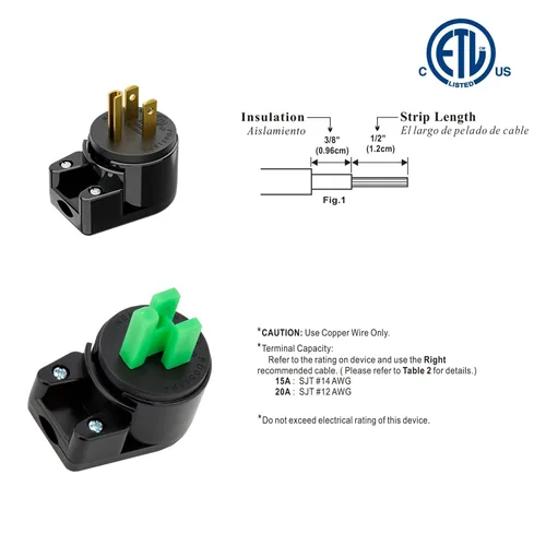 Vista 7 de ETL Verified Nema 5-15P Enchufe de ángulo recto de 90 grados - 15A, 125V, negro, enchufe de CA de ángulo recto de 3 clavijas de EE. UU