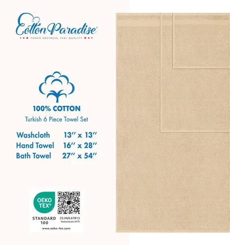 Vista 4 de Cotton Paradise Juego de 6 toallas, 100% algodón suave y absorbente turco para baño, 2 toallas de baño, 2 toallas de mano, 2 toallitas, juego