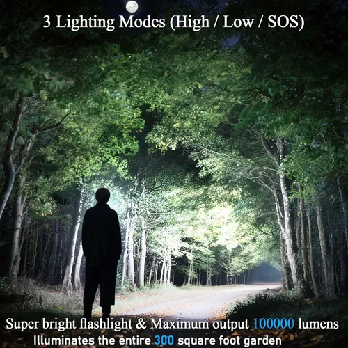 Vista 8 de Linternas recargables de alto lúmenes, 100000 LM, batería de 5000 mAh con pantalla LCD, 3 modos, zoomable e impermeable IP67, para camping, pasear