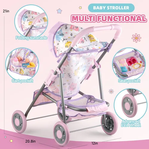 Vista 4 de YIYBM Juego de Cochecito de Muñeca Bebé con Muñeca Bebé de 12.5", Silla de Comedor, 2 Juegos de Ropa y 20 PCS Accesorios para Muñecas. Juguete