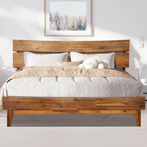 Vista 14 de Acacia Aurora - Marco de cama con cabecero, cama de plataforma de madera 100% maciza, estilo de cama escandinavo con todos los colchones Caramelo