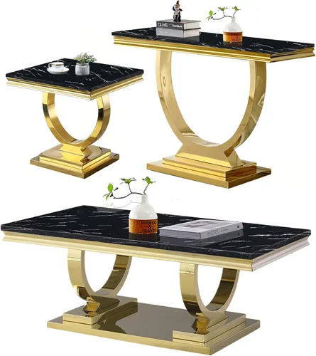Vista 21 de Juego de 2 mesas de café de mármol, juego de mesa de sala de estar de 2 piezas que incluye 1 mesa auxiliar y 1 mesa auxiliar, moderna mesa de centro