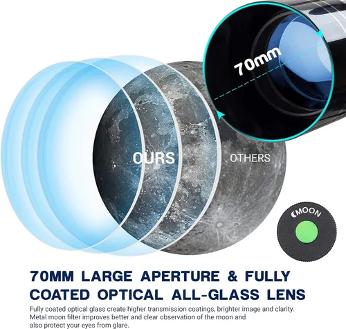 Vista 3 de ESSLNB - Telescopio para adultos, telescopio refractor de apertura de 70 mm (15X-180X) para principiantes de astronomía, telescopio portátil