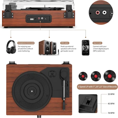 Vista 4 de Tocadiscos de vinilo con receptor Bluetooth integrado y 2 altavoces estéreo, 3 velocidades y 3 tamaños, tocadiscos retro portátil para Amarillo