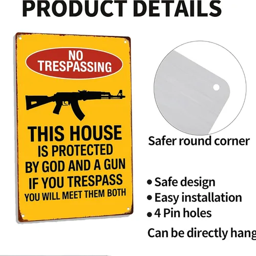 Vista 4 de Póster de metal retro con advertencia de "No Trespassing Gun" para garaje, hombre, cueva, baño, dormitorio, granja, inspirador, arte de pared