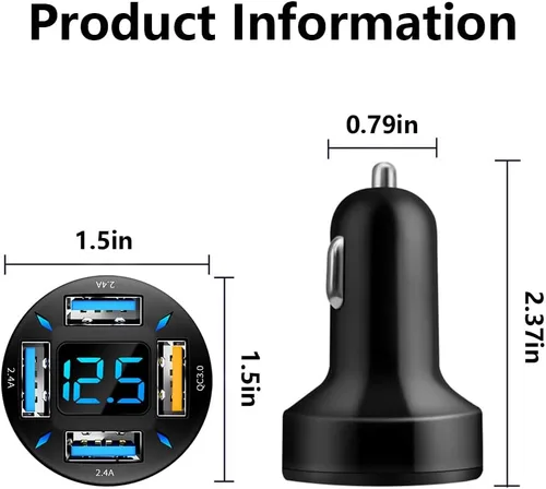 Vista 2 de Cargador de automóvil de 66 W de carga súper rápida con USB 2.4A y QC 3.0 (voltímetro y luces LED), carga rápida universal para enchufe