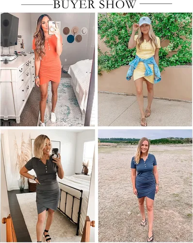 Vista 8 de BTFBM Vestidos cortos para mujeres, estilo casual de cuello en V, manga corta, vestido entallado y fruncido con botones, de verano