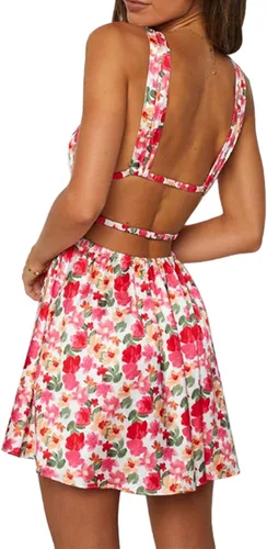 Vista 3 de FOMOYUU Mini vestido sin mangas con cuello en V sin espalda con estampado de flores de verano para discoteca