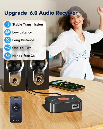 Vista 5 de Adaptador Bluetooth 6.0 a RCA para receptor estéreo, receptor Bluetooth de baja latencia de largo alcance para el hogar, adaptador de audio