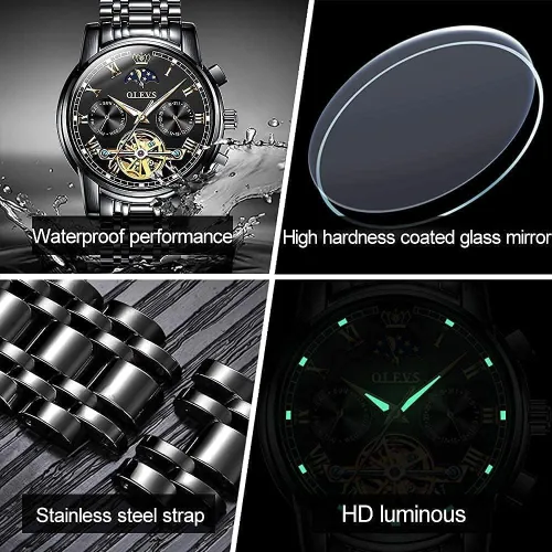 Vista 6 de OLEVS reloj mecánico automático, reloj de cuerda automático de lujo para hombre a prueba de agua, acero inoxidable., Blanco y negro