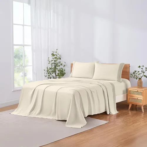 Vista 4 de Modern Threads - Sábanas de encaje de crochet de microfibra suave, sábanas de microfibra de lujo, incluye sábana encimera, sábana bajera con Beige