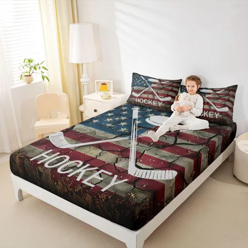 Vista 21 de Erosebridal American Flag Fitted Sheet Twin, Hockey Bedding Set United States Sports Games Bed Sheets for Kids Boys Teens Bedroom, Red White